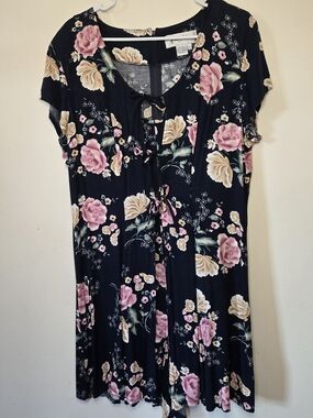 Vintage 90s Y2K Romper Navy & Floral Tie-Front W/Pink & Cream Roses ASO Monica L